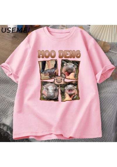 Flood Of Style Moo Deng Rap T Shirt Seviyorum Moo Deng Komik Bebek Hippo Sevgilisi T-shirt Rahat Pamuk Erkek Pembe