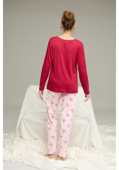 Siyah İnci Pamuklu Bisiklet Yaka Örme Pijama Takım25241136 Vişne