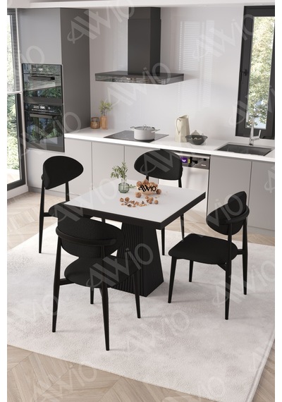 Avvio Elite Siyah Polo Metal Sandalye 90x90 Kare Yemek Masası Mutfak Masası Masa Sandalye Takımı Beyaz