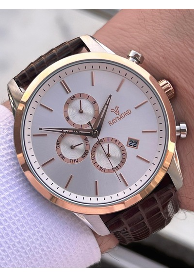 Raymond Nişan Ve Damatlara Özel Deri Kordon 2 Yıl Garantili 5 Atm Erkek Kol Saati+bileklik Rmd.43 Gri - Rose Gold