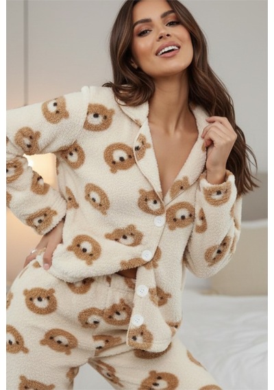 Siyah İnci Düğmeli Wellsoft Pijama Takım 7922 Ekru