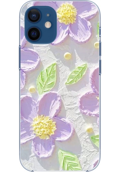 Apple Uyumlu iPhone 12 Mini  Mor Papatyalar Sulu Boya Baskılı Silikon Kılıf Renkli