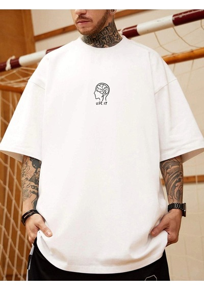 Unisex Beyaz Oversize Use It Brain Baskılı Örme T-shirt Beyaz
