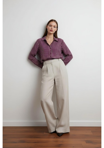 Pera Moda Oversize Çizgili Modal Gömlek Bordo