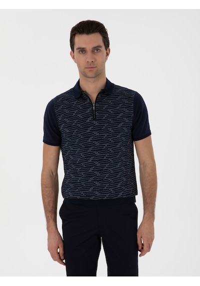 Lacivert Regular Fit Fermuarlı Polo Yaka Desenli T-shirt