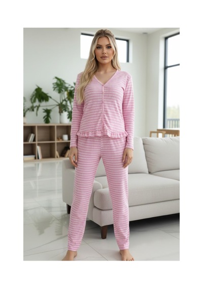 Siyah İnci Bürümcük-krınkıl Uzun Kollu Düğmeli Örme Pijama Takım 7990 Pembe