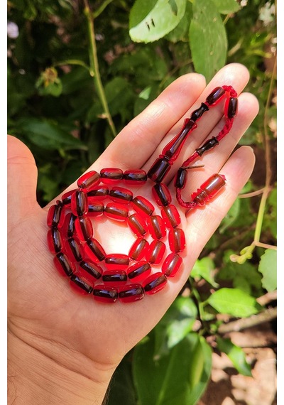 Vip Kehribar 9 x 12 MM Ahmet Emin Usta İşçilikli Kırmızı Katalin Tesbih