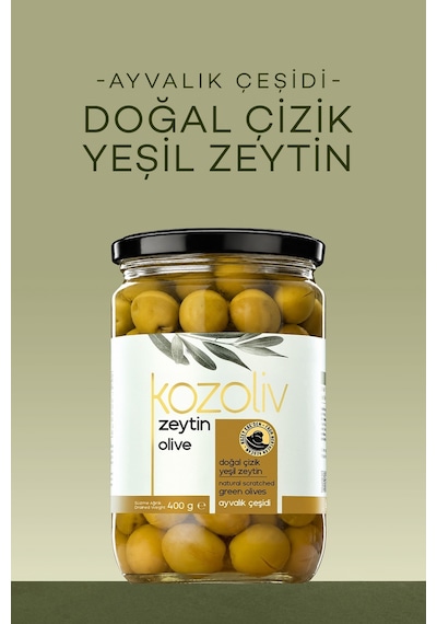 Kozoliv Doğal Ayvalık Çeşidi Çizik Yeşil Zeytin Cam 400 G