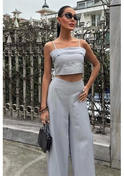 Defymoda Crop Plazzo Pantolon Takım 10155-08 Gri