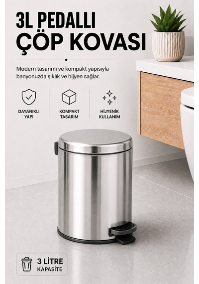 Sas Haus Pedallı Çöp Kovası 3 Litre İç Kovalı Kapaklı Banyo Çöp Kutusu Krom - Elit 7003