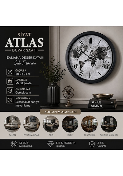 Siyah Atlas 60 X 60 Cm Metal Duvar Saati