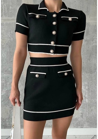 De Pose Kadın Siyah Polo Yaka Inci Düğmeli Mini Etek Crop Ikili Takım