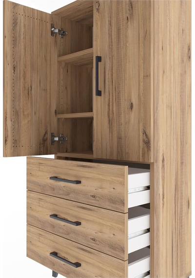Arges Dolap 3 Raflı 3 Çekmeceli 2 Kapaklı 60x30x134 Çam-çam Çam