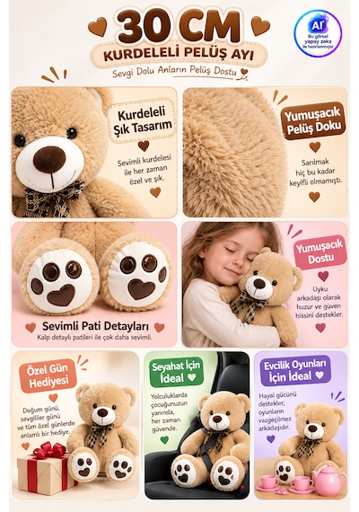 30cm Kurdeleli Pelüş Ayı Yumuşak Dokulu Sevimli Pati Detaylı Oyuncak Peluş Ayıcık Bej