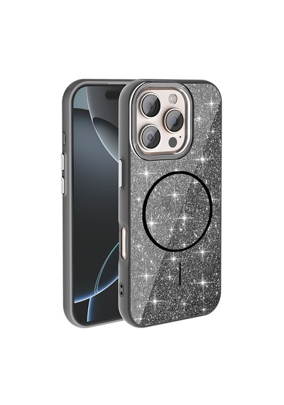 Apple, Uyumlu iPhone 16 Pro Max Kılıf M-safe Şarj Özellikli Parlayan Simli Zore Okso Kapak Siyah