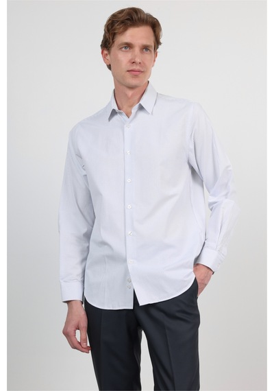 İmza Beyaz - K.mavi Sert Yaka Uzun Kol Cepsiz Slim Fit Pamuklu Gömlek 1004260210
