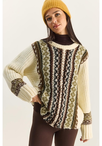 Shade Kadın Etnik Desenli Oversize Bisiklet Yaka Kalın Triko Kazak 2529 60283875 - Krem