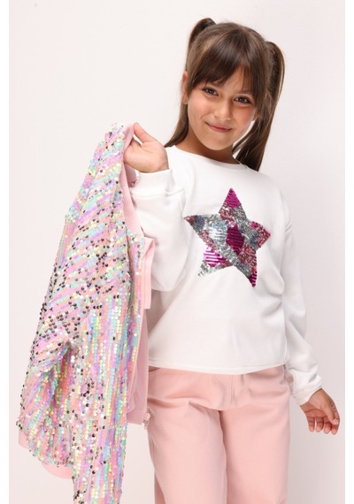 Le Mabelle Ekru Pullu Yıldız Nakışlı Kız Çocuk Sweatshirt - Dina Ekru