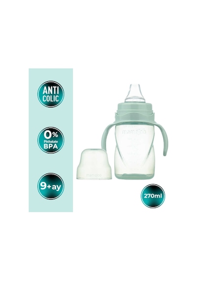 Mamajoo Antikolik Biberon 150 ml & Antikolik Akıtmaz Alıştırma Bardağı 270 ml – Powder Green