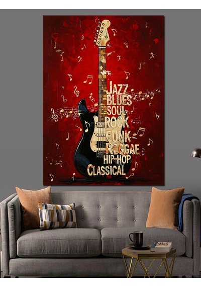 Ahşap Tablo Kelimelerden Oluşan Elektro Gitar Silüeti İnsan Figürlü Tablolar