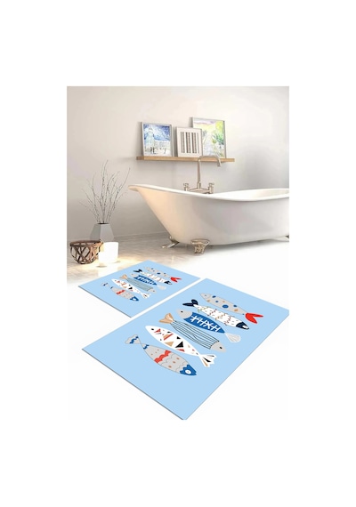 Buççin Online Mağaza Dijital Baskılı Yıkanabilir Renkli Balık Desenli Banyo Paspası Klozet Takımı Polyester Mavi Çok Renkli