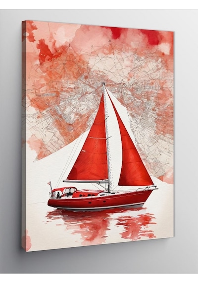Kanvas Tablo Kırmızı Yelkenli Tekne 50cmx70cm