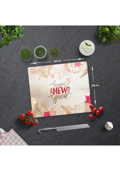 Decorita Cam Kesme Tahtası|Happy New Year -Gold|29cm x 34cm