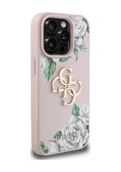 Apple Uyumlu iPhone 15 Pro Max Kılıf Guess Lisanslı Gül Baskılı Büyük Metal Logo Dizaynlı Kapak Pembe