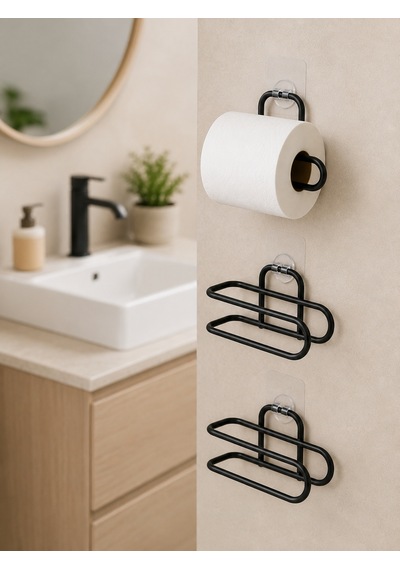 3 Lü Yapışkanlı Wc Kağıtlığı Siyah Rulo Tutucu Banyo Ve Mutfak Kullanımı Diğer