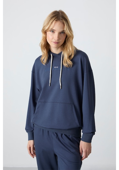 Tommy Life Petrol Kapüşonlu Kanguru Cep Oversize Lastik Paça Kadın Eşofman Takımı - 95288 Petrol