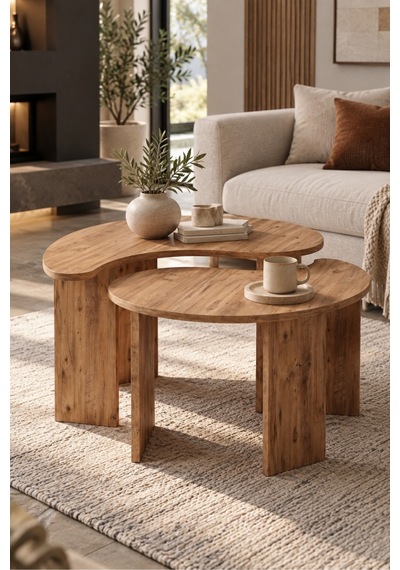 Sulorahome 2'li Oval Modern Orta Sehpa Seti Atlantik Çam