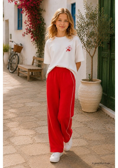 TOMMYLIFE Fiesta Biye Detaylı Basic Palazzo Kız Çocuk Eşofman Alt - 75195 Kırmızı
