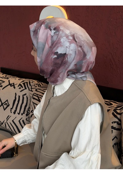 Qalortex Scarf Pamuklu Soft Roza Desen Eşarp-gumus/gul Kurusu gül kurusu