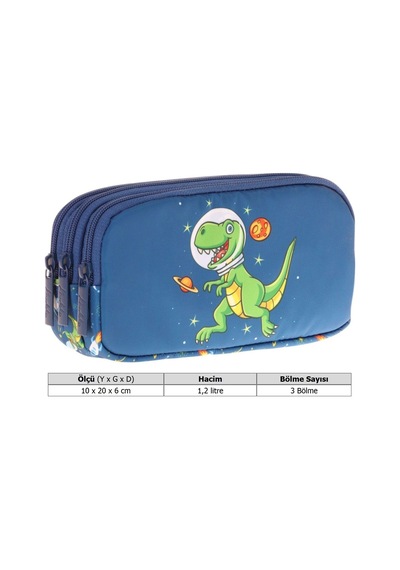 Kaukko Kids Lacivert Yeşil, Sevimli Dinazor, Erkek Çocuk Üç Gözlü Okul Kalem Çantası - L8252 Lacivert