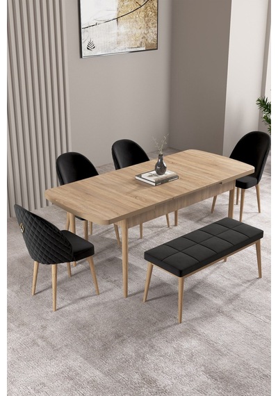 Milas Meşe Desen 80x132 Mdf Açılabilir Mutfak Masası Takımı 4 Sandalye, 1 Bench Siyah Milas Meşe Desen 80x132 Mdf Açılabilir Mutfak Masası Takımı 4 Sandalye, 1 Bench Siyah