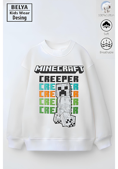 Belyakidswear Tam Kalıp Oversize Erkek Çocuk Pamuğa Pamuk 3 İplik Kumaş Min1 Tasarım Sweatshirt Beyaz
