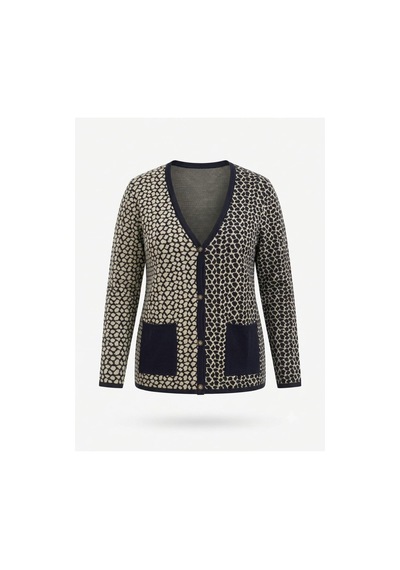 Onno Style Women Çelik Örgü Klasik Leopar Desen Triko Ceket Lacivert
