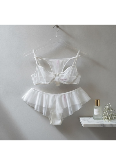 Bonbon Kadın Tül Transparan Balenli Sütyen, Checky Ve String Külotlu 3 Lü Paket Bb2620 Ekru