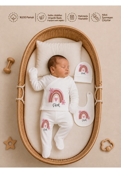 Pia Baby Kız Bebek Hastane Çıkışı 12 Parça %100 Pamuk İsme Özel Organik Baskılı Kese Hediyeli 100311k3x Ekru