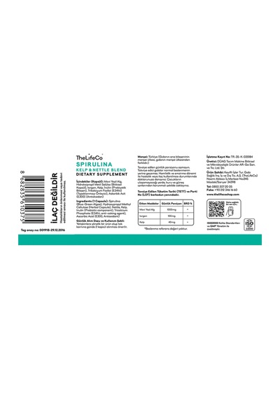 TheLifeCo Spirulina Kelp & Nettle 60 Kapsül