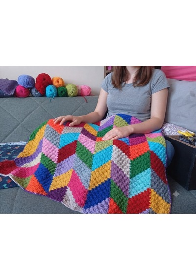 El Örgüsü Çok Renkli Geometrik Desenli Diz Battaniyesi 95 X 95