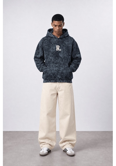 Respire Erkek Revere Nakışlı Yıkamalı Oversize Hoodie Siyah