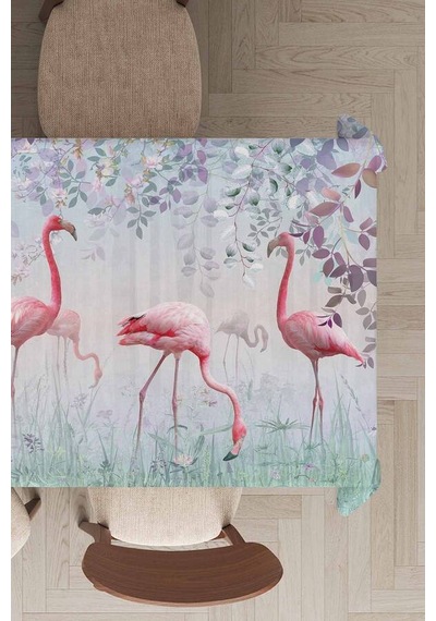 Pembe Flamingolu Dokuma Leke Tutmaz Masa Örtüsü Mso428n11