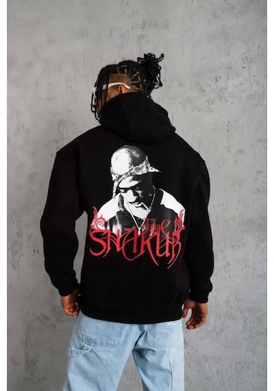 Erkek Baskılı Kapüşonlu Sweatshirt - Siyah