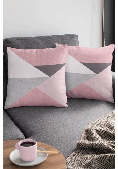 Pembe Geometrik Desenli Çift Taraflı Kırlent Kılıfı Krl390n11