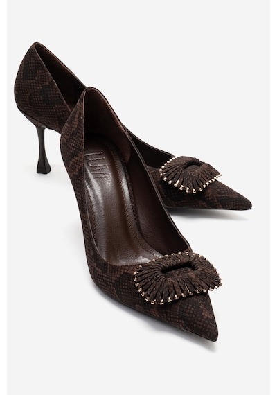 Luvishoes Rebel Kahverengi Desenli Tokalı Kadın Topuklu Ayakkabı Kahverengi