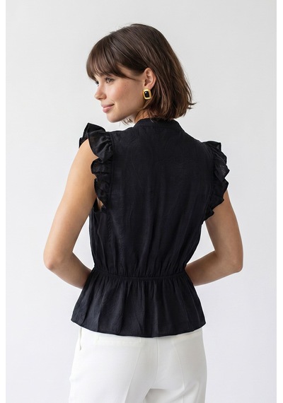 Mixray 4921 Kadın Volanlı Hakim Yaka Jakarlı Peplum Bluz Siyah