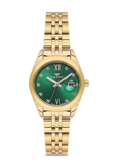 Ferro Fl21618awt-b6 Quartz Çelik Altın Rengi Yeşil Kadran 28 Mm Kadın Kol Saati Altın