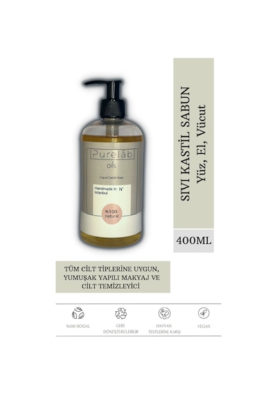 Sıvı Kastil Sabun %100 Doğal Zeytinyağlı Yoğun Nemlendirici Arındırıcı Bitkisel Vegan Sabun 400 Ml