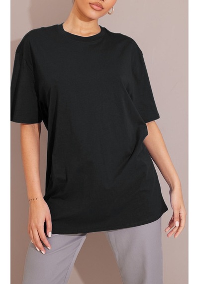 Düz Süprem T-shirt - Siyah Oversize Bisiklet Yaka Kısa Kol Tişört SIYAH